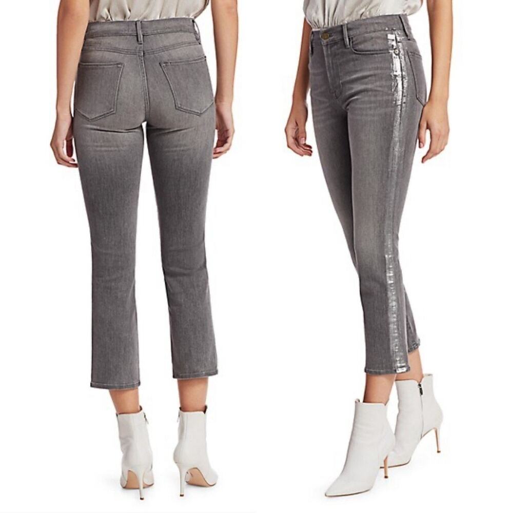 FRAME Le Sleek Straight Jeans Gray Silver Tuxedo Stripe High Rise Women's Sz 25